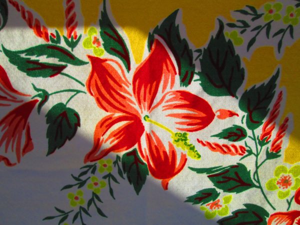 52x66 100% Printed Cotton Vintage Tablecloth Reds Yellows and Grey Beautiful Floral