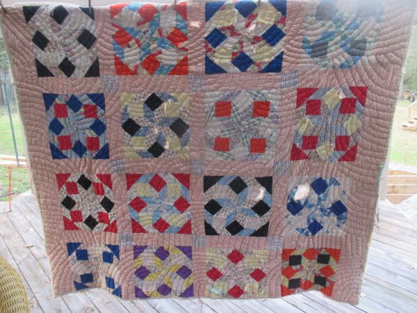 Antique 1800's Feedsack feed sack quilt lined with raw cotton Fixer Upper Cotton Antique quilt home decor display pinwheel pattern