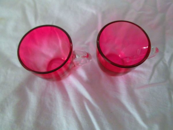 Antique 2 Miniature Cranberry Glass shot or liquor glasses cranberry glass with clear applied handles very dainty