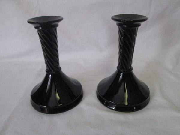 Antique Beautiful Amethyst glass Pair of Candlestick holders Appear black Art Deco early 1940's