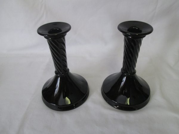Antique Beautiful Amethyst glass Pair of Candlestick holders Appear black Art Deco early 1940's
