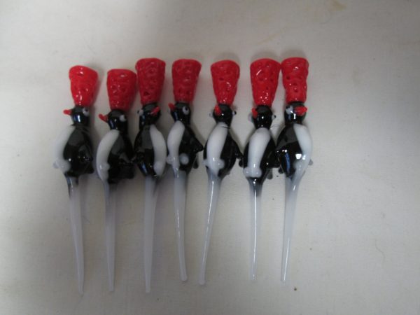 Antique Blown Glass birthday Candle holders Mid century Japan Penguins Set of 7 Red Mesh glass tops