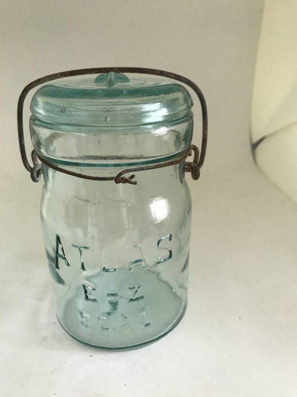 Antique Canning Jar Atlas E-Z Seal Light Aqua Glass jar with Bail wire glass lid