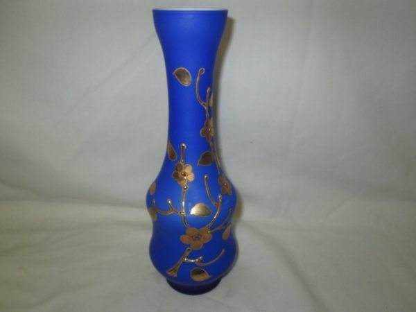 Antique Cobalt Blue over White Glass Vase with Gold Overlay Flowers Made in Italy