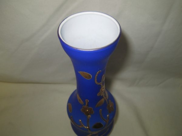 Antique Cobalt Blue over White Glass Vase with Gold Overlay Flowers Made in Italy