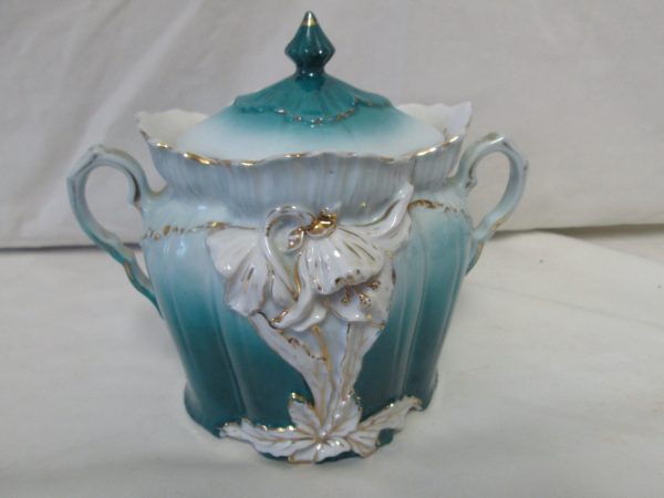 Antique Covered double handle dish Teal Color with white and gold relief flowers and leaves pattern front early 1800's