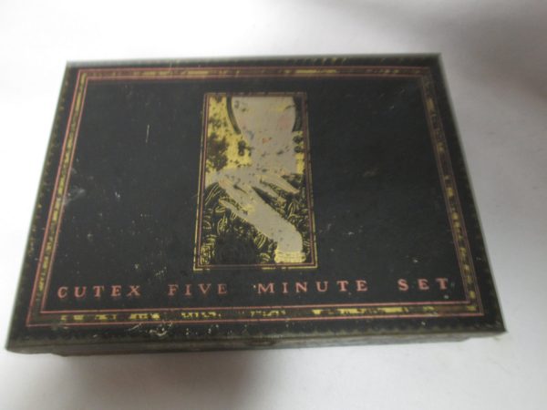 Antique Cutex Nail Five Minute Set Box Nail polish tin turn of the century metal box Art Deco Style Figurine