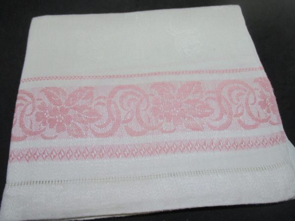 Antique Damask Bathroom cotton towel summer collectible display turn of the century 18x30 #15 farmhouse cottage shabby chic Pink scroll edge