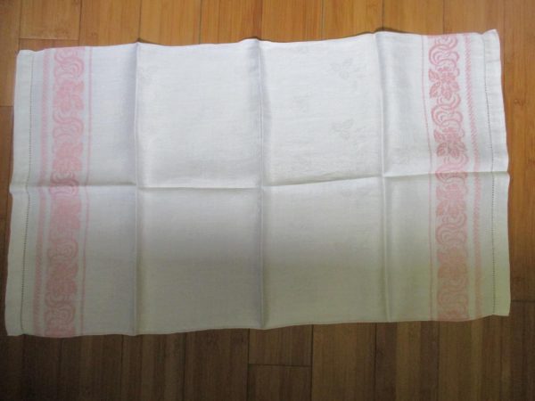 Antique Damask Bathroom cotton towel summer collectible display turn of the century 18x30 #15 farmhouse cottage shabby chic Pink scroll edge