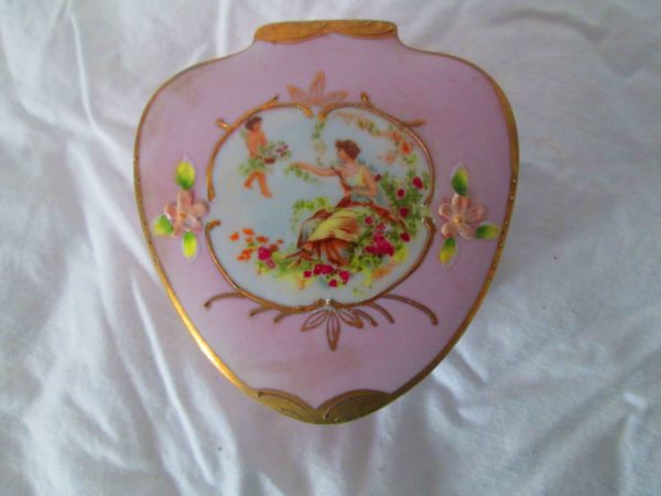 Antique Fine Porcelain Dresser Trinket Jewelry Box Victorian Scene Lefton Shabby Chic Cottage