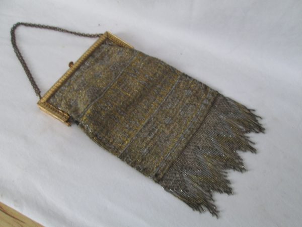 Antique French Beaded Handbag Purse Flapper Style full Bead with Fringe beads goldtone handle Victorian France