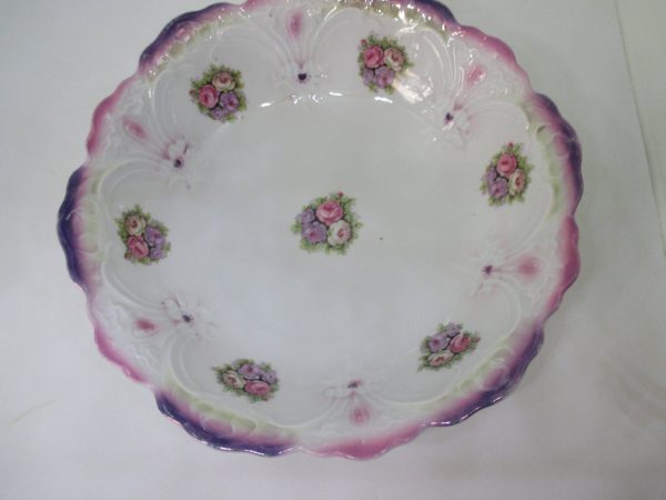 Antique German Serving Bowl Purple and Pink Floral Pattern 1800's Display Decor collectible farmhouse cottage fine bone china large bowl