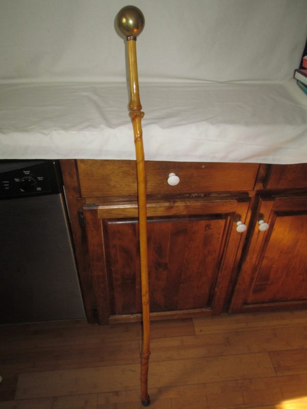 Antique hand made walking stick cane brass ball top bamboo carved stick