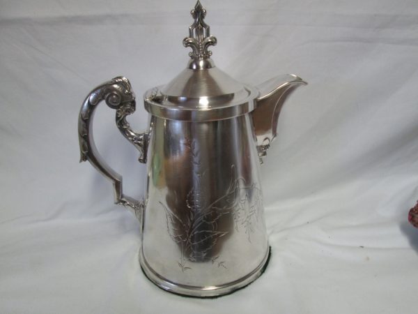 Antique Large Hand Chased Porcelain Lined Quadruple Plate Coffee Server Tea Hot Water Pitcher Server Carafe Silverplate