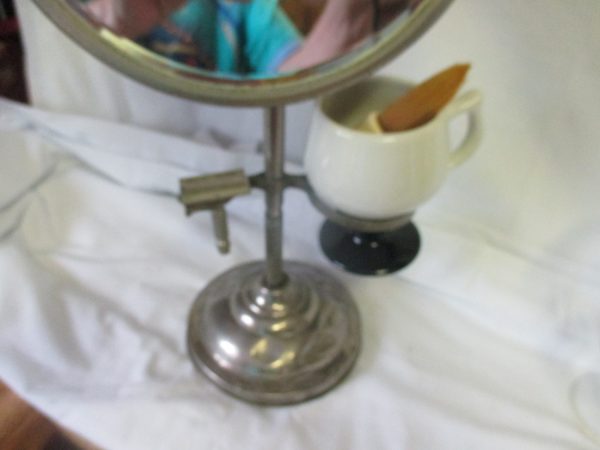 Antique Men's Shaving Mirror, cup, razor and brush Complete Men's Vanity Set turn of the century Metal with cast iron base