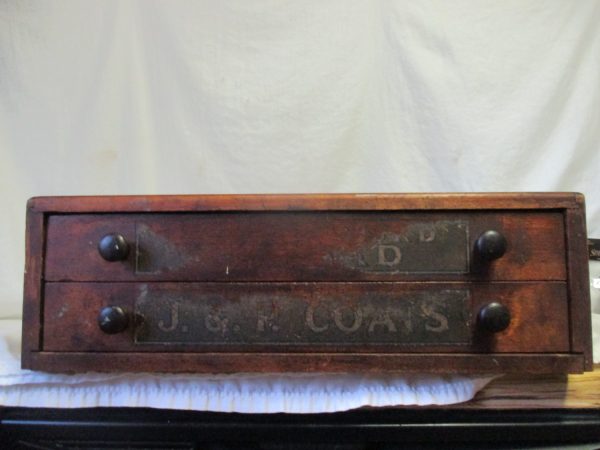 Antique Mercantile Wooden J.P. Coats Countertop spool cabinet 2 drawers Original labels cotton thread box