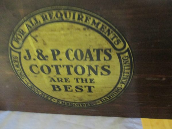 Antique Mercantile Wooden J.P. Coats Countertop spool cabinet 2 drawers Original labels cotton thread box