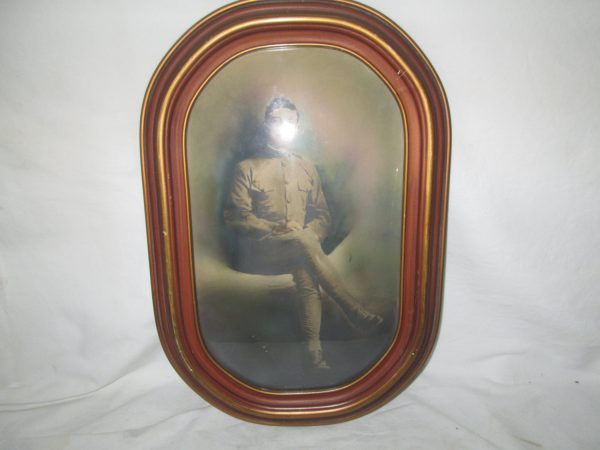 Antique Military Photo in Convex Glass Wooden Frame WWI Militaria World War 1 photograph of soldier militaria