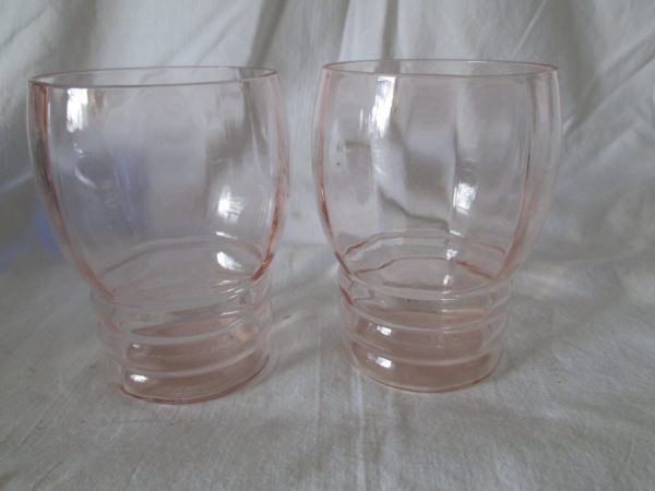 Antique pair of depression glass pink glass tumblers paneled pattern ribbed bottoms
