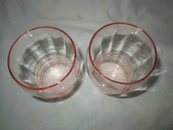 Antique pair of depression glass pink glass tumblers paneled pattern ribbed bottoms