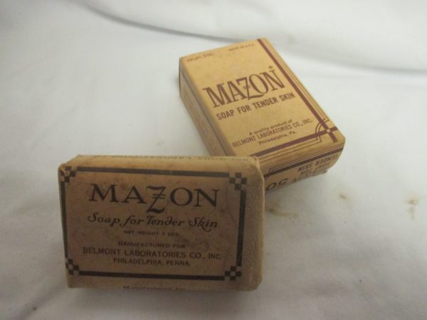 Antique Pair of Mazon Bar Soaps for Tender skin 3 oz Bars Belmont Labs, Phil., Penn Early 1900's collectible display vanity