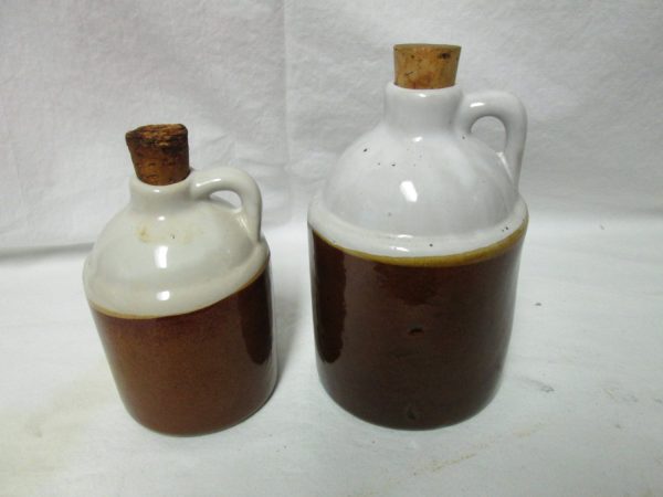 Antique Pair of Small Pottery Crock Jugs Cork Lids Brown and White