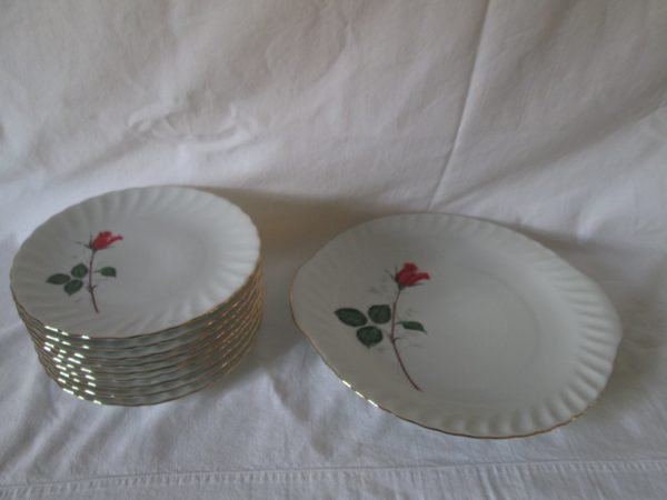 Antique Serving Plate Cookie Dessert Plate with 8 matching dessert plates Fine China Red Rose Gold trim Dessert Set Germany