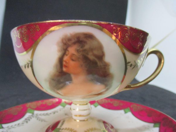Antique Victorian Portrait Tea cup and saucer Austria fine bone china with Fantastic Detail cottage collectible display shabby chic decor