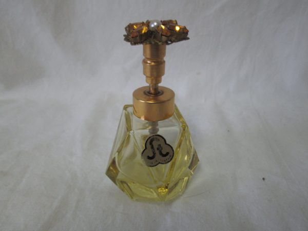 Antique West German Perfumr Bottle Topaz Rhinestone top Beautiful Condition Gold filigree top Original sticker St