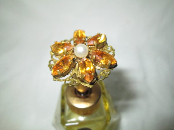 Antique West German Perfumr Bottle Topaz Rhinestone top Beautiful Condition Gold filigree top Original sticker St
