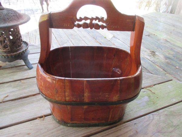Antique Wooden Asian Bucket ornate handle Asian Collectible Water bucket Cottage Farmhouse wood storage Bucket Display Basket Primitive