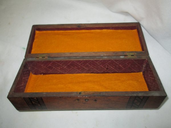 Antique Wooden Inlaid glove box with locking mechanism ornate detial wool lined gold burgundy & gold trim inside French Jewelry glove box
