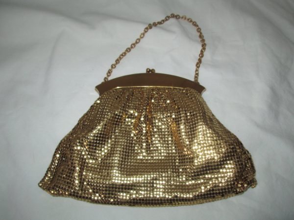 Beautiful 1940's Mesh Gold Whiting and Davis made in USA Gold Evening Bag Gold trim Chain Handle purse