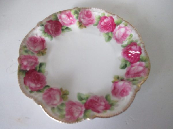 Beautiful Antique Austria Rose hand painted plate bowl pin trinket decorative cottage shabby chic home or wall decor Pink roses Gold trim