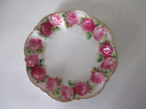 Beautiful Antique Austria Rose hand painted plate bowl pin trinket decorative cottage shabby chic home or wall decor Pink roses Gold trim