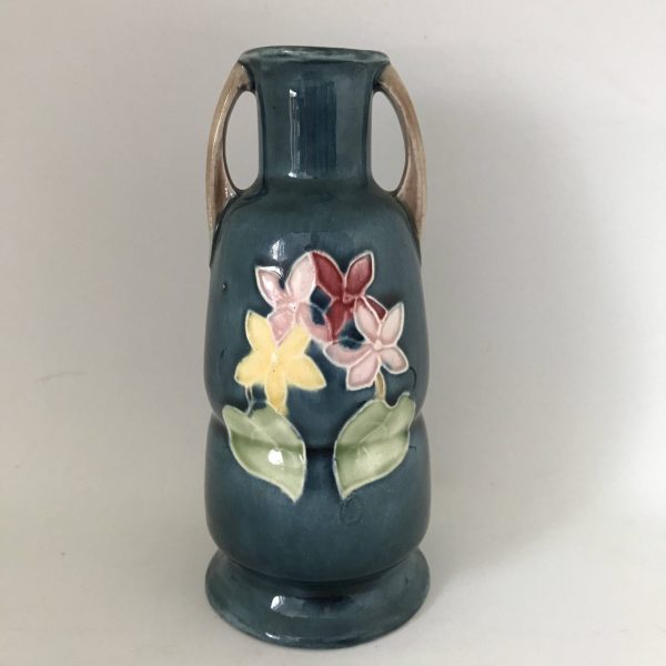 Beautiful Antique double handled pottery vase Ampora Vase Hand painted detailed raised edge flowers