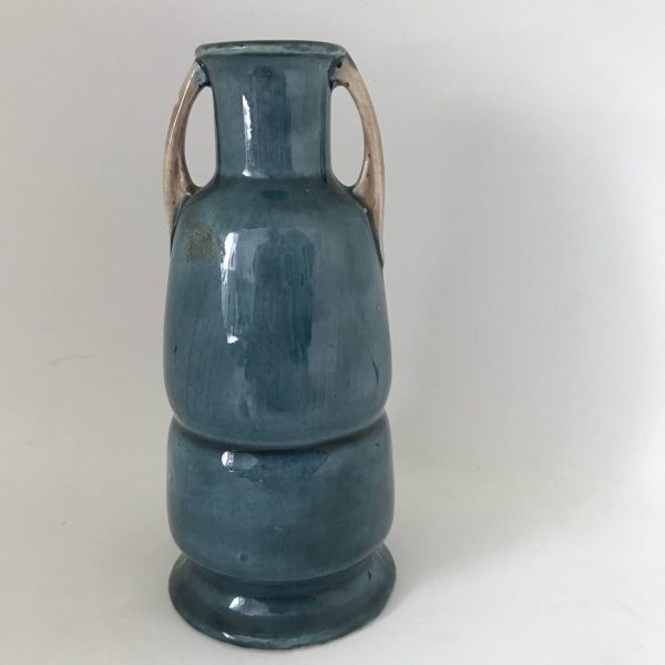 Beautiful Antique double handled pottery vase Ampora Vase Hand painted detailed raised edge flowers