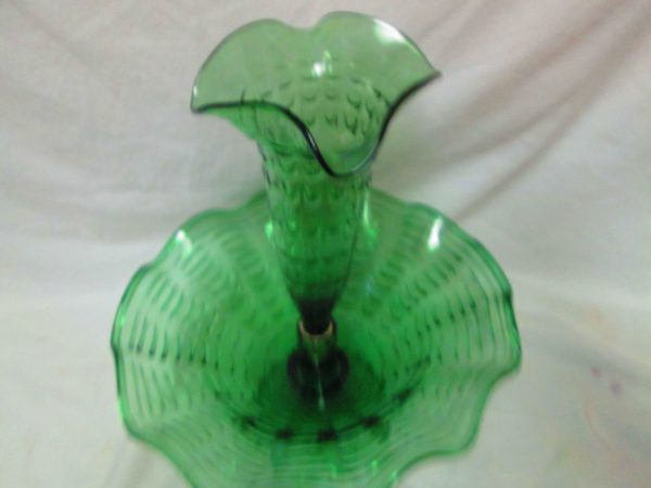 Beautiful Antique Epergene Glass Turn of the Century Green with one horn Large Base Vase Floral Arrangement Vase