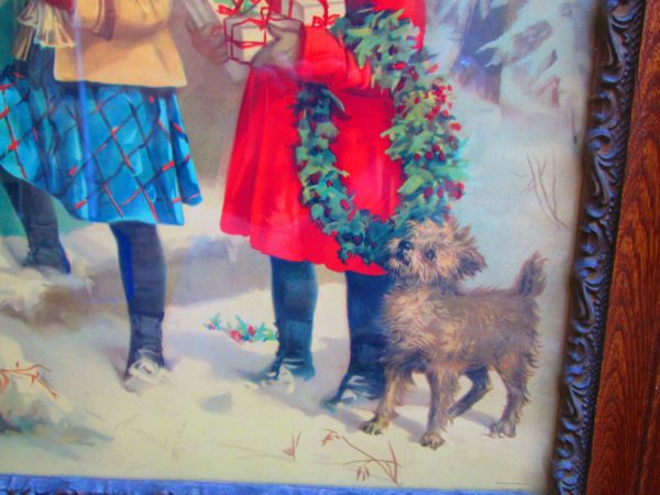 Beautiful Antique Frame and Print 1920's Winter Print Girls with Dog Holiday Vivid Colors Ornate Frame Printed in Germany