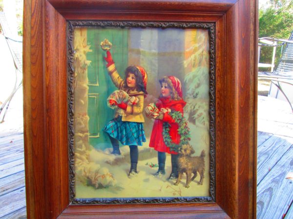 Beautiful Antique Frame and Print 1920's Winter Print Girls with Dog Holiday Vivid Colors Ornate Frame Printed in Germany