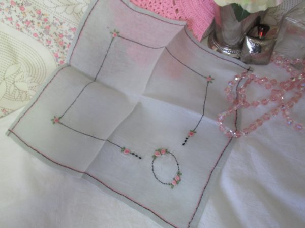 Beautiful Art Deco Hand embroidered hankie linen handkerchief pale blue with pink & black
