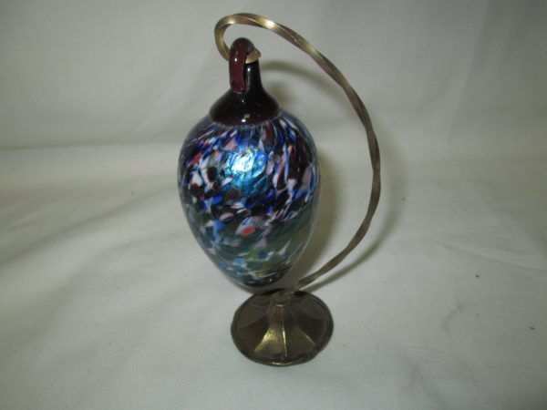 Beautiful Art Glass Iridescent blue purple with Multi colored patterned surface hangs on brass holder Stunning