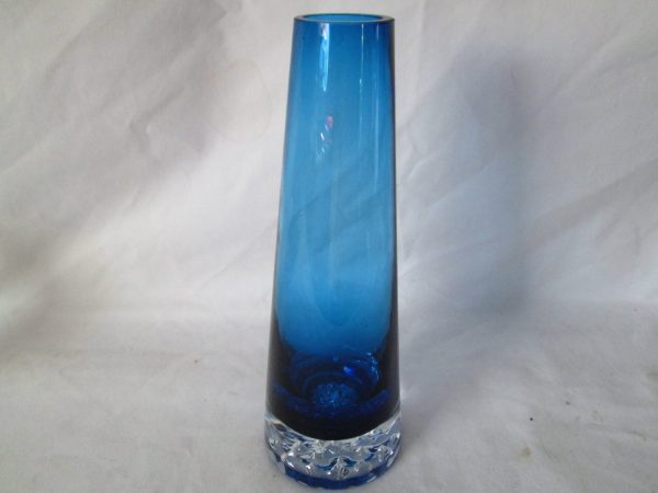 Beautiful Art Glass Vintage Large blue Bud Flower Vase with clear patterned base Blown Glass Heavy Tall Stunning Dark Aqua or Teal Coloring