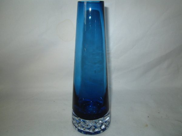 Beautiful Art Glass Vintage Large blue Bud Flower Vase with clear patterned base Blown Glass Heavy Tall Stunning Dark Aqua or Teal Coloring