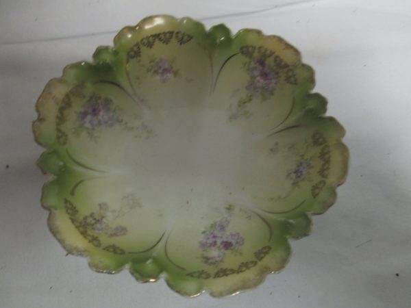 Beautiful Bavarian Green trinket dish nut dish small bowl lavender flowers and gold ornate trim scalloped rim