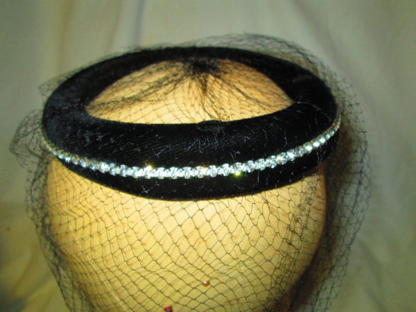 Beautiful Black Velvet Ring Hat with Netting and Rhinestones around the whole ring Stunning black velvet