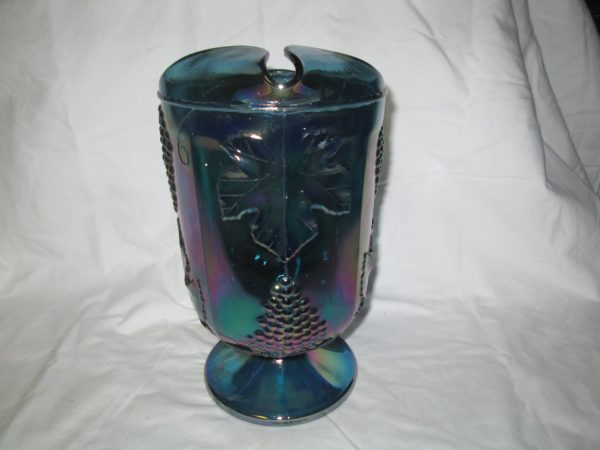 Beautiful Blue harvest pattern Glass pitcher large pedestal pitcher iridescent farmhouse cottage kitchen dining decor