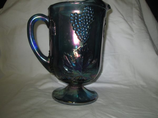 Beautiful Blue harvest pattern Glass pitcher large pedestal pitcher iridescent farmhouse cottage kitchen dining decor