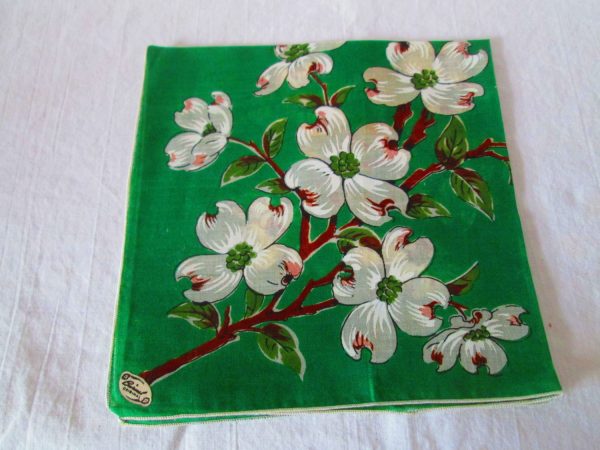 Beautiful Bright Green with White Dogwood Ivory and beige flowers with original label mid century hankie handkerchief 14x14