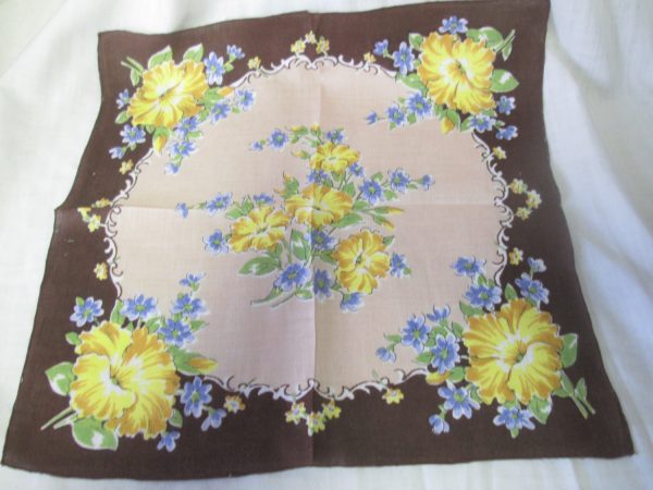 Beautiful Brown Hankie with Yellow and blue flowers Fantastic pattern great condition mid century handkerchief